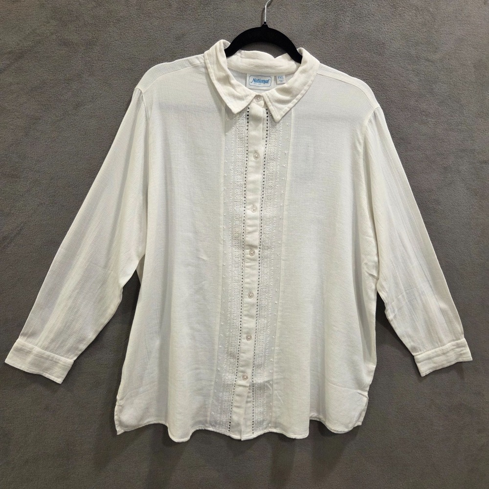 National Button Up Blouse Womens Petite‎ XL White Eyelet Trim Long Sleeve